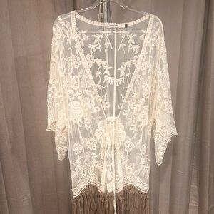 Sheer Embroidered Lace Kimono Robe in Cream